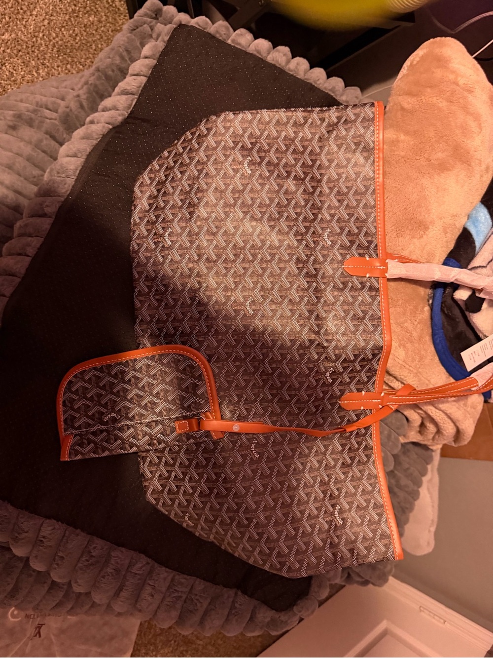 Brown Patterned Tote with Orange Trim